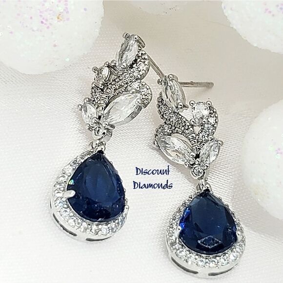 Blue Sapphire & White Baguette Diamond Drop Stud Earrings 925  Silver - Women's - Picture 8 of 9